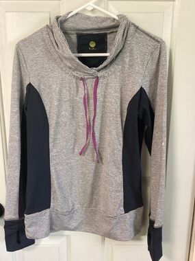 Kiwi Kate Gray-Striped Hoodie with Purple Drawstring